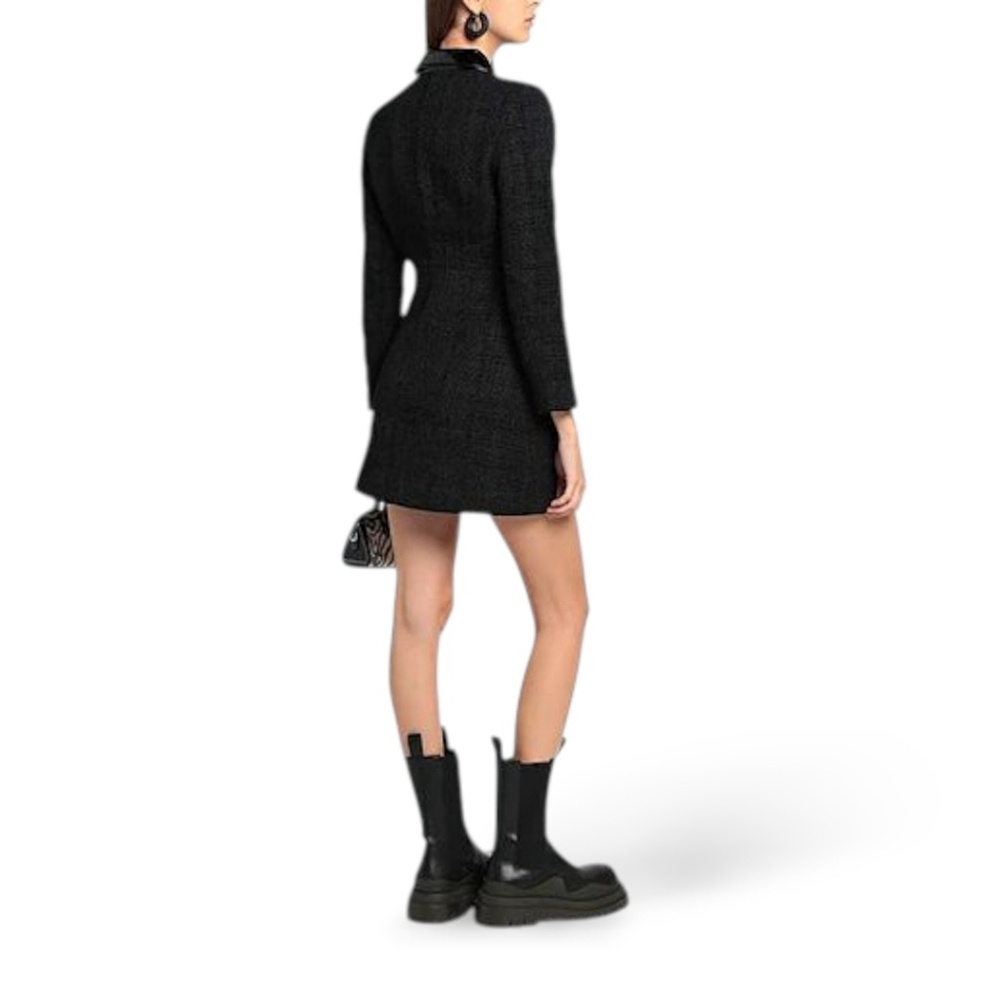 Maje Tweed Black Velvet Rinili Mini Dress Faux Leather Trim Pockets Sz 36 / US 4 - Picture 4 of 15